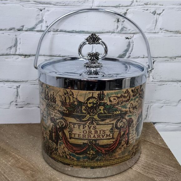 Vintage Ice bucket with World Map Wine chiller with lid - Picture 1 of 7